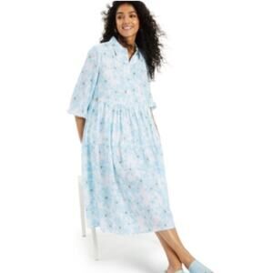 ALFANI Midi Dress linen blend Sz M Blue White Floral Peasant Lined Shirt Boho